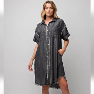 New Easel Black Denim Button Down Jean Shirt Dress